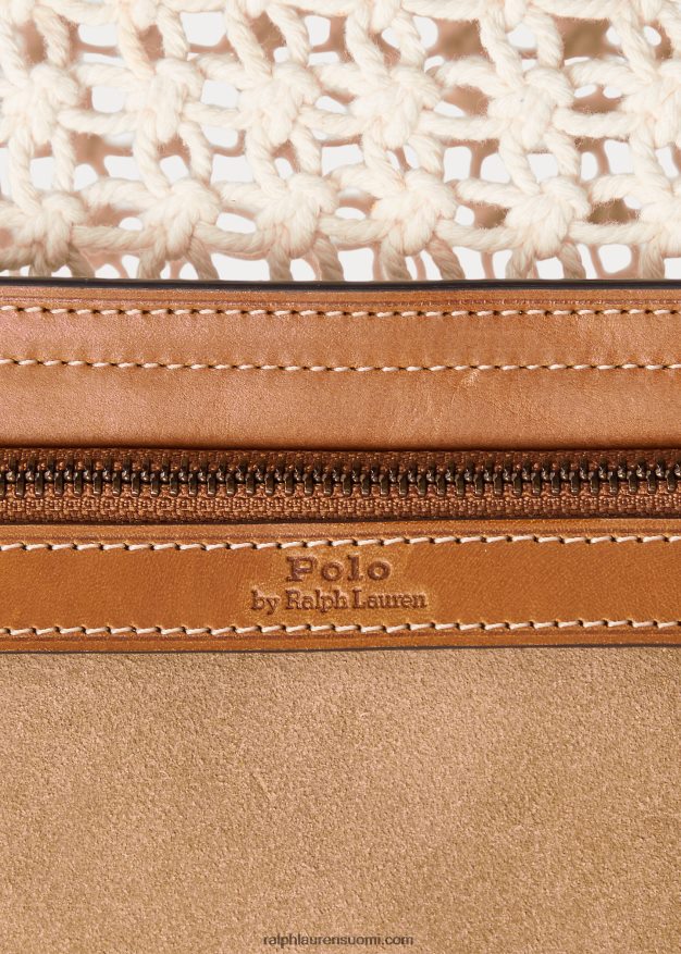 Ralph Lauren naiset nahkaverhoiltu virkattu suuri bellport-laukku 0Z24ZR5190 pergamentti kerma