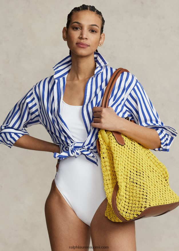 Ralph Lauren naiset nahkaverhoiltu virkattu suuri bellport-laukku 0Z24ZR5191 aurinkokalan keltainen