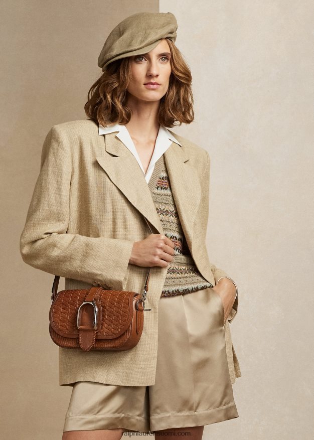 Ralph Lauren naiset kudottu vasikannahkainen welington-olkalaukku 0Z24ZR5273 rusketus