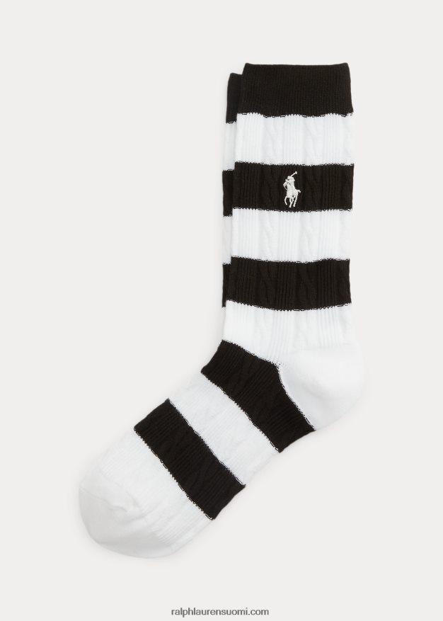 Ralph Lauren naiset rugby stripe kaapelineulotut miehistön sukat 0Z24ZR5511 valkoinen musta