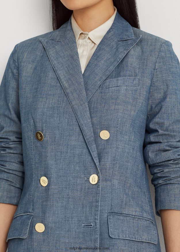 Ralph Lauren naiset kaksirivinen chambray bleiseri 0Z24ZR4828 beryllinsininen pesu