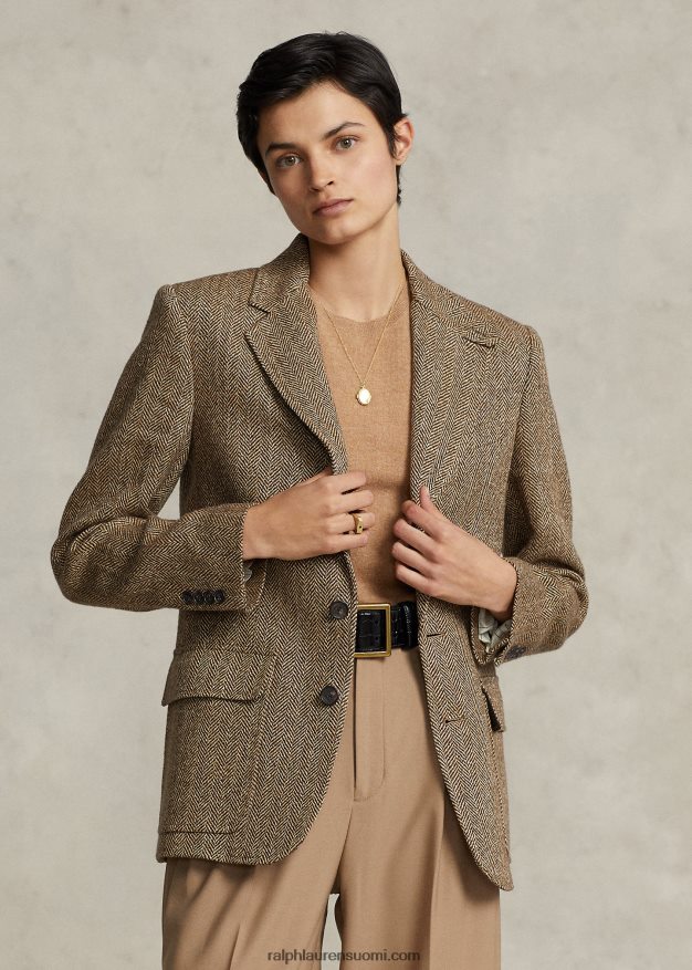 Ralph Lauren naiset kalanruoto-pellavasekoitusbleiseri 0Z24ZR9171 ruskea/kerma kalanruoto