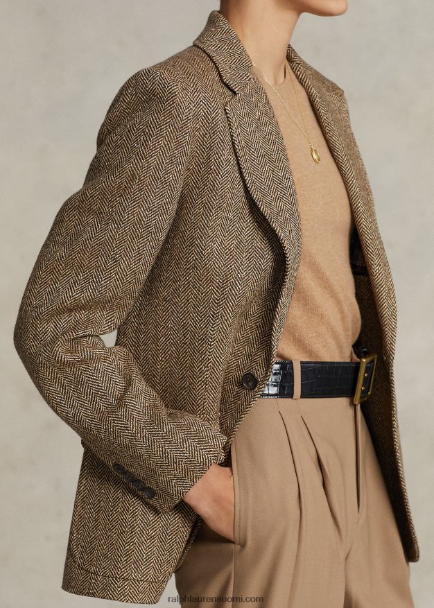 Ralph Lauren naiset kalanruoto-pellavasekoitusbleiseri 0Z24ZR9171 ruskea/kerma kalanruoto