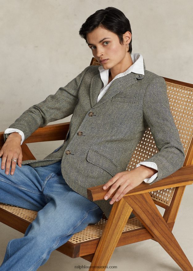 Ralph Lauren naiset pellavasekoite kalanruoto hakkerointibleiseri 0Z24ZR3102 kuninkaallinen laivasto/kerma