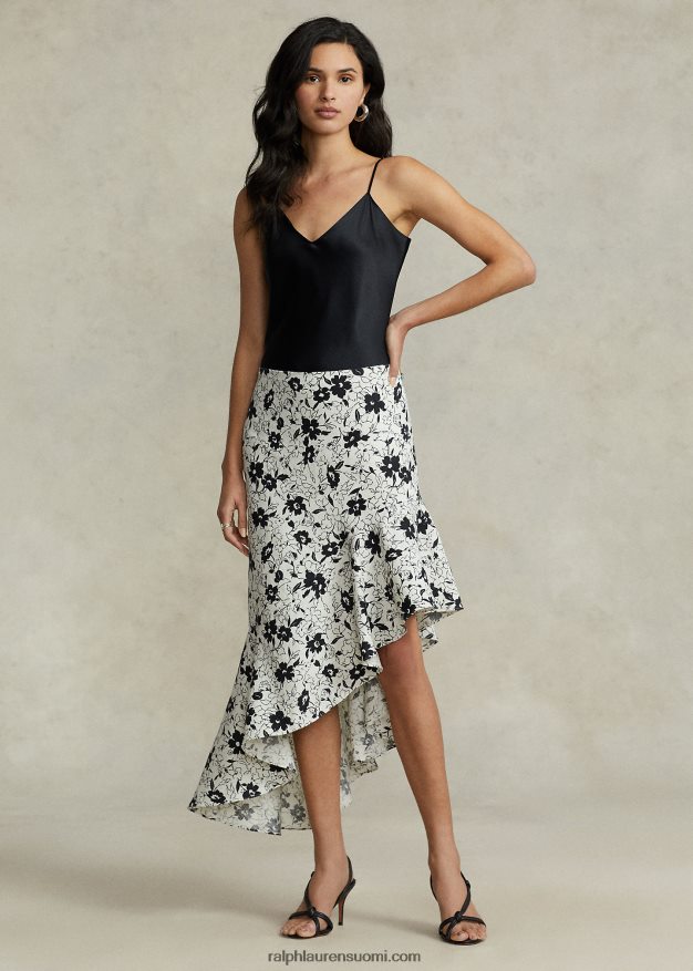 Ralph Lauren naiset kukkainen röyhelöinen epäsymmetrinen pellavahame 0Z24ZR2942 musta lilja kerman päällä