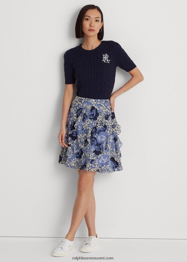 Ralph Lauren naiset kukkainen röyhelöinen georgette-hame 0Z24ZR4018 sininen/kerma/laivasto