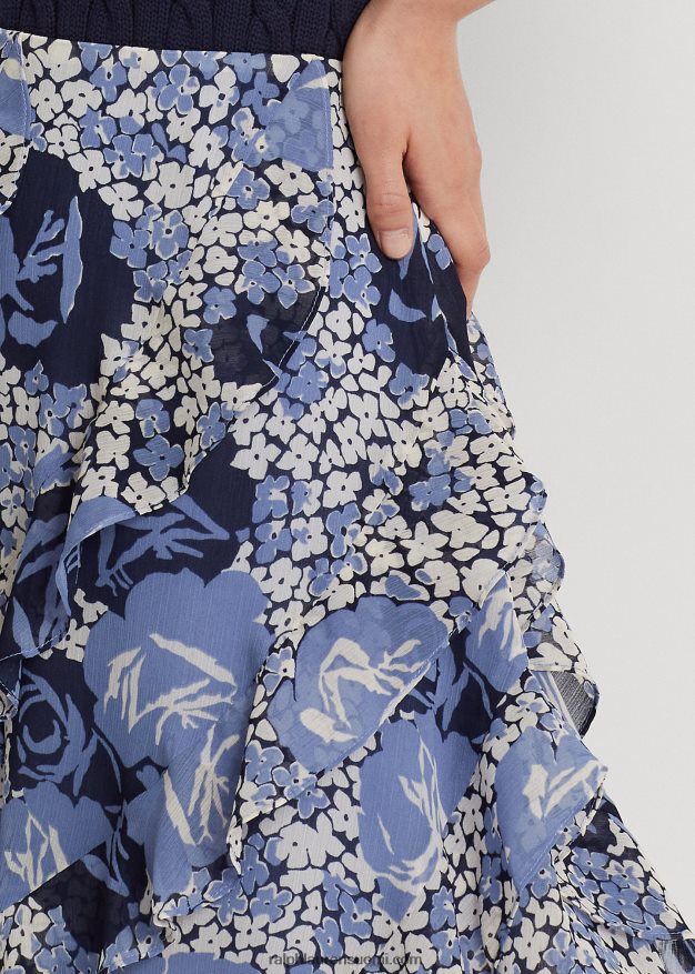 Ralph Lauren naiset kukkainen röyhelöinen georgette-hame 0Z24ZR4431 sininen/kerma/laivasto