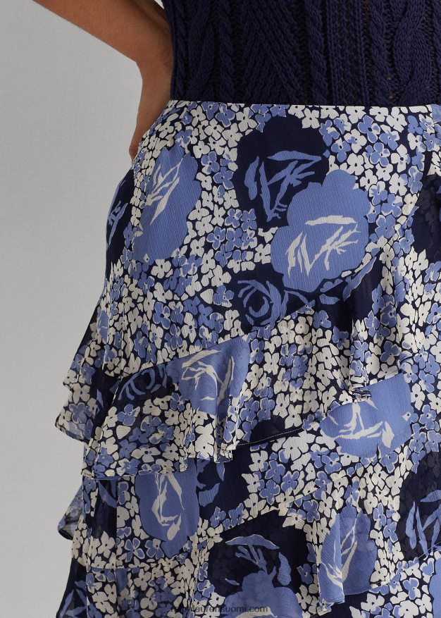 Ralph Lauren naiset kukkainen röyhelöinen georgette-hame 0Z24ZR4632 sininen/kerma/laivasto