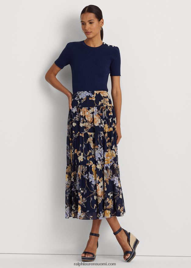 Ralph Lauren naiset kukkainen ryppyinen georgette-porrashame 0Z24ZR4451 laivasto multi