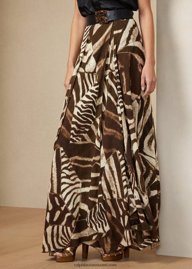 Ralph Lauren naiset liliosa seeprakuvioinen pellava voile-hame 0Z24ZR9280 ruskea/kerma moni