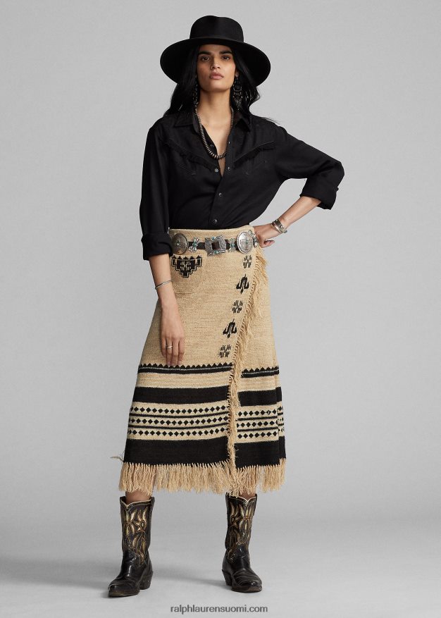 Ralph Lauren naiset pellava-silkki jacquard-hapsuhame 0Z24ZR3617 kerma/musta