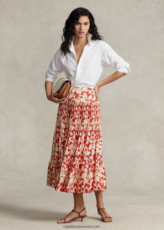 Ralph Lauren naiset printti satiinilaskostettu a-linjainen midihame 0Z24ZR3196 koivunlehtien painatus