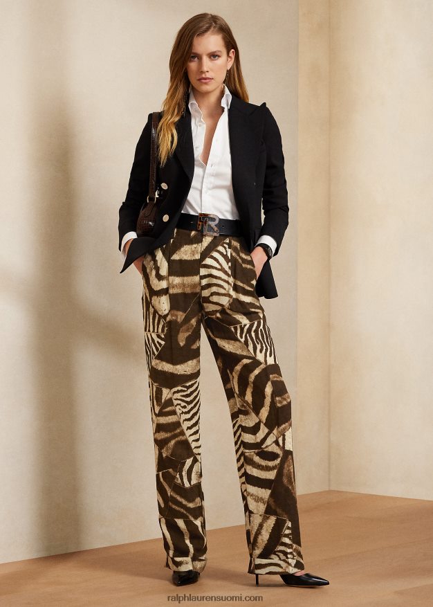 Ralph Lauren naiset Stamford seeprakuvioiset pellava voile-housut 0Z24ZR9306 ruskea/kerma moni