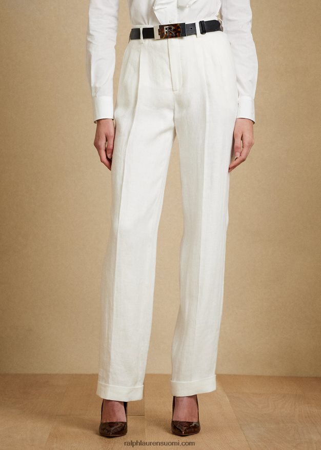 Ralph Lauren naiset Stamfordin laskostetut pellavahousut 0Z24ZR3573 keraaminen valkoinen