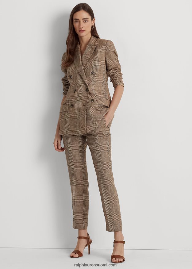 Ralph Lauren naiset glen ruudullinen pellava nilkkahousut 0Z24ZR4040 ruskea/kerma moni
