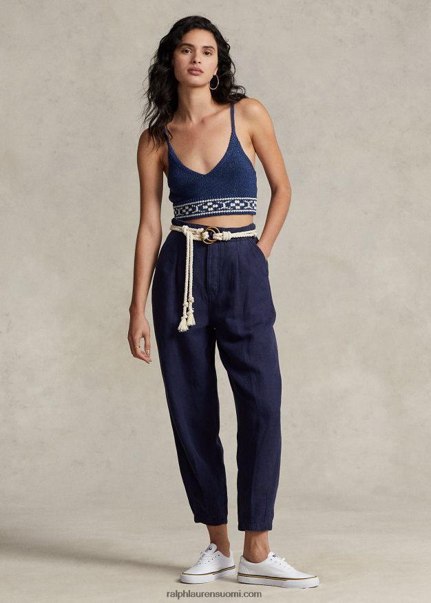 Ralph Lauren naiset laskostettu pellavasekoite toimikas housu 0Z24ZR3027 laivasto