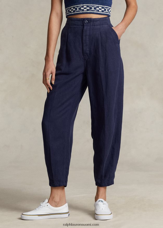 Ralph Lauren naiset laskostettu pellavasekoite toimikas housu 0Z24ZR3027 laivasto