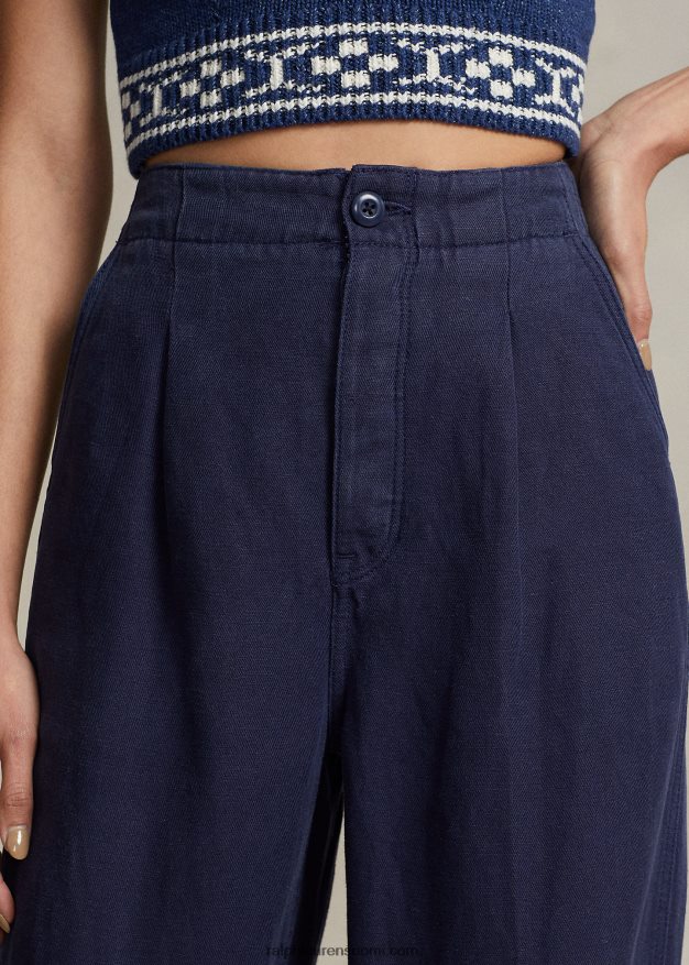 Ralph Lauren naiset laskostettu pellavasekoite toimikas housu 0Z24ZR3027 laivasto