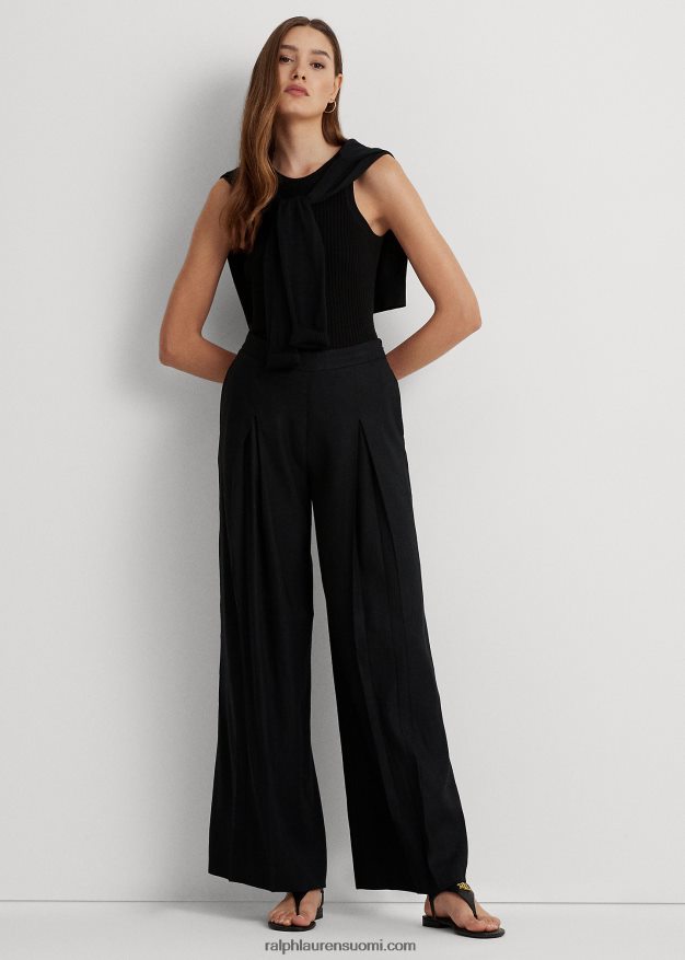 Ralph Lauren naiset laskostettu pellavasekoitetoimikas leveälahkeiset housut 0Z24ZR3880 musta