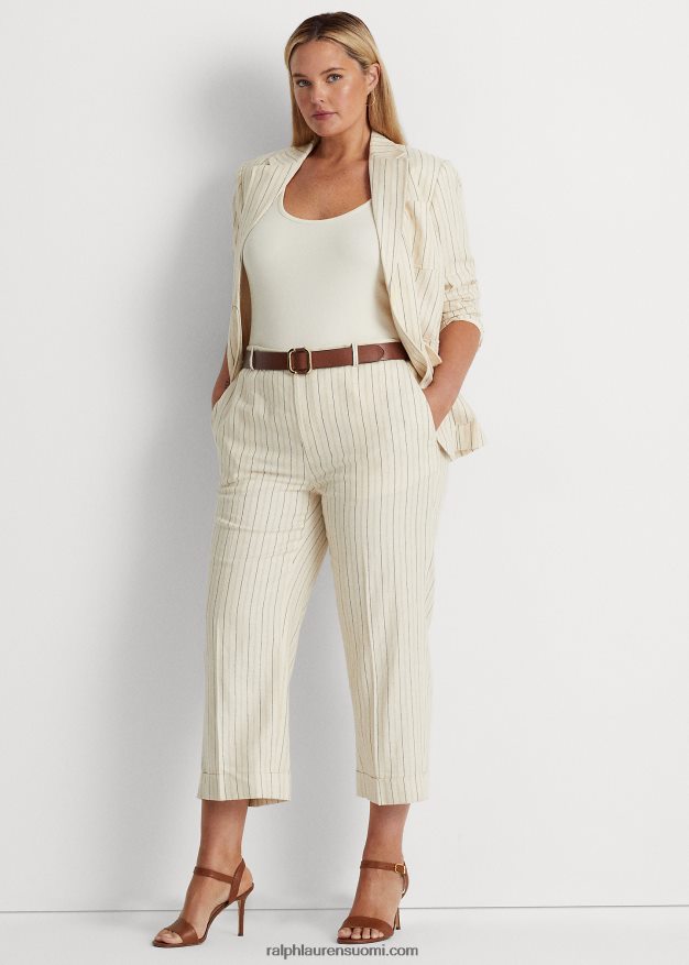 Ralph Lauren naiset raidallinen toimikas leveälahkeiset lyhennetyt housut 0Z24ZR4416 kerma/puhdistettu laivasto