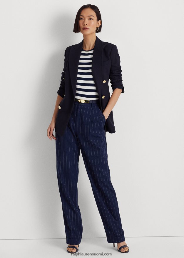 Ralph Lauren naiset raidallinen twill suorat housut 0Z24ZR4888 hienostunut laivasto/valkoinen