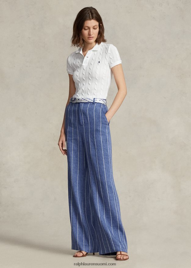 Ralph Lauren naiset raidalliset pellava-puuvillaiset leveälahkeiset housut 0Z24ZR3069 sininen/valkoinen raita