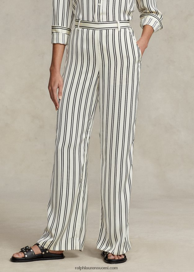 Ralph Lauren naiset raidalliset satiiniset leveälahkeiset housut 0Z24ZR2952 musta/kermanvärinen raita