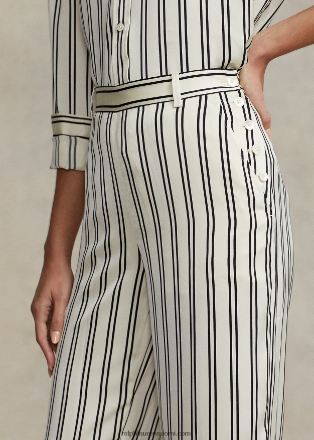 Ralph Lauren naiset raidalliset satiiniset leveälahkeiset housut 0Z24ZR2952 musta/kermanvärinen raita