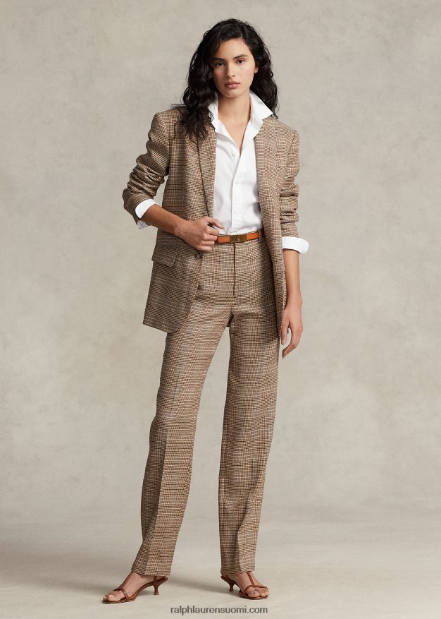 Ralph Lauren naiset ruudullinen villa-pellava tweed suoralahkeiset housut 0Z24ZR3220 ruskea vaaleanpunainen ruudullinen