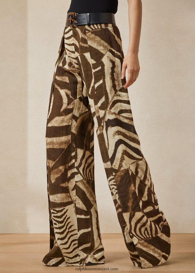 Ralph Lauren naiset saunders zebra-print pellava voile-housut 0Z24ZR3589 ruskea/kerma moni