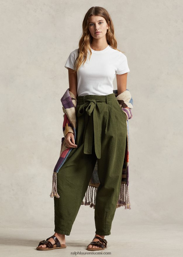 Ralph Lauren naiset ylisuuret puuvillaiset seersucker-housut 0Z24ZR9192 oliivi