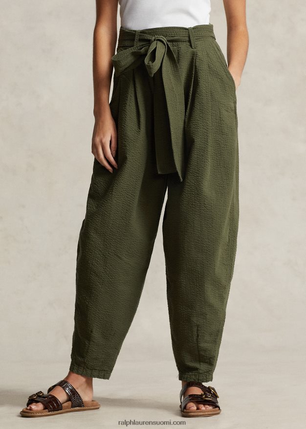 Ralph Lauren naiset ylisuuret puuvillaiset seersucker-housut 0Z24ZR9192 oliivi