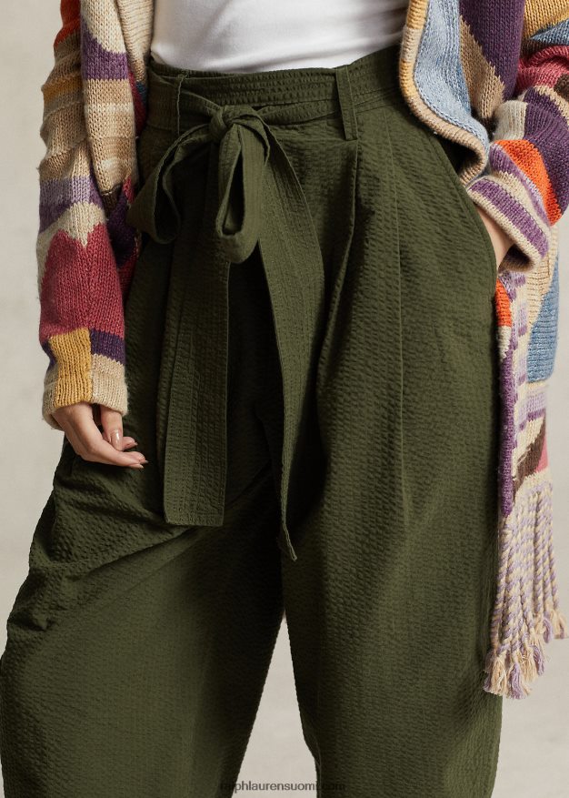 Ralph Lauren naiset ylisuuret puuvillaiset seersucker-housut 0Z24ZR9192 oliivi