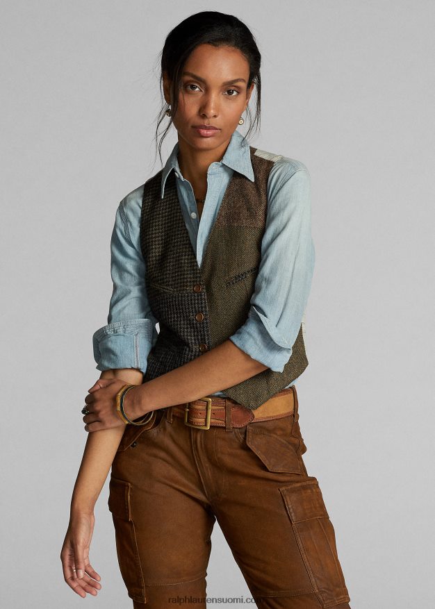 Ralph Lauren naiset tilkkutäkki tweed-liivi 0Z24ZR3678 oliivi/hiili/rusketus moni