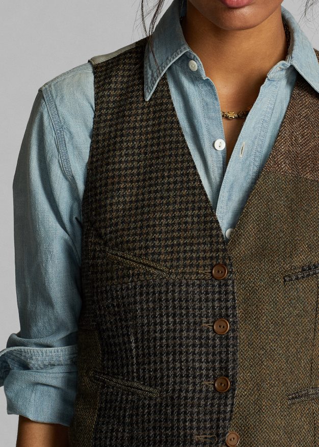 Ralph Lauren naiset tilkkutäkki tweed-liivi 0Z24ZR3678 oliivi/hiili/rusketus moni