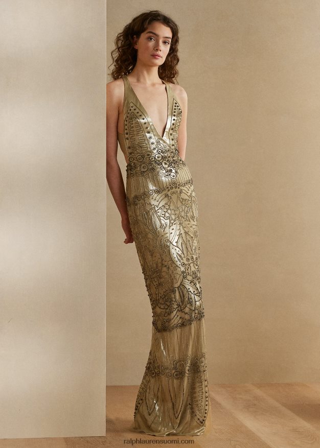 Ralph Lauren naiset briony koristeltu tylli-iltapuku 0Z24ZR3563 samppanja