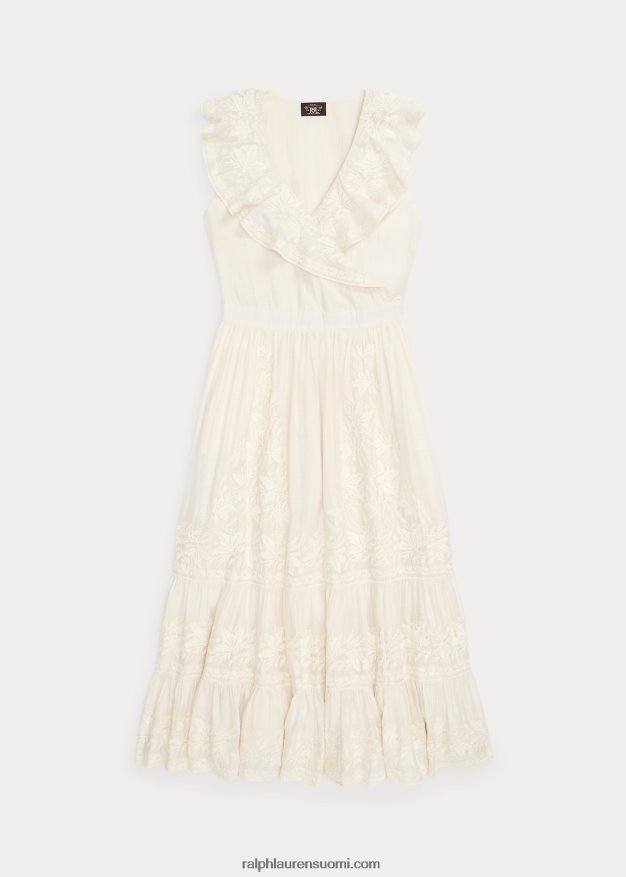 Ralph Lauren naiset brodeerattu puuvilla-silkkimekko 0Z24ZR3625 luonnollinen/kerma