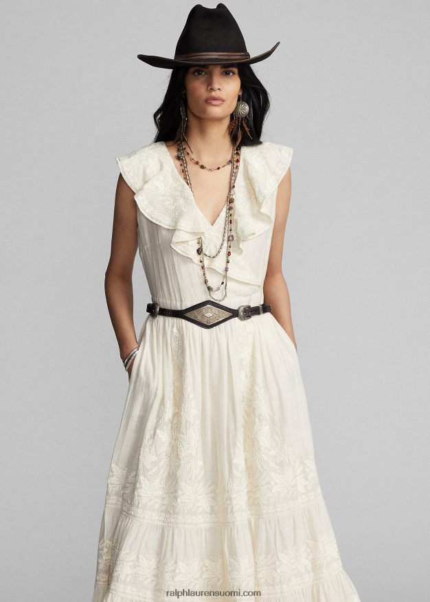 Ralph Lauren naiset brodeerattu puuvilla-silkkimekko 0Z24ZR3625 luonnollinen/kerma