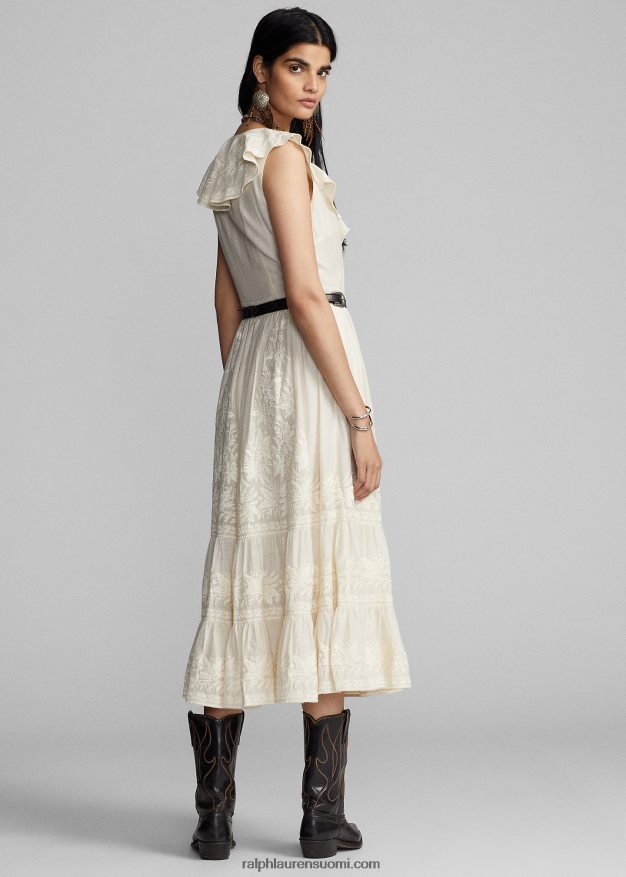 Ralph Lauren naiset brodeerattu puuvilla-silkkimekko 0Z24ZR3625 luonnollinen/kerma