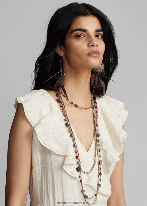 Ralph Lauren naiset brodeerattu puuvilla-silkkimekko 0Z24ZR3625 luonnollinen/kerma