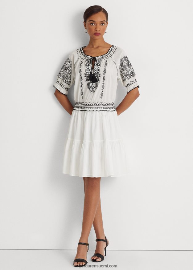 Ralph Lauren naiset brodeerattu puuvillainen voile-mekko 0Z24ZR3890 valkoinen musta