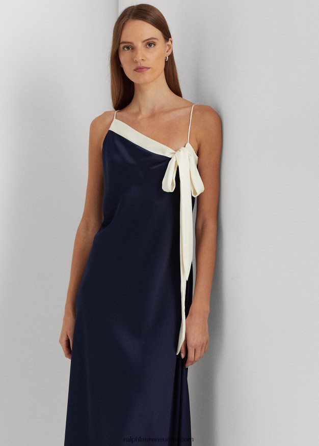 Ralph Lauren naiset kaksivärinen charmeuse cocktailmekko 0Z24ZR4093 hienostunut laivasto/kerma