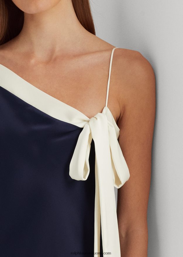 Ralph Lauren naiset kaksivärinen charmeuse cocktailmekko 0Z24ZR4093 hienostunut laivasto/kerma