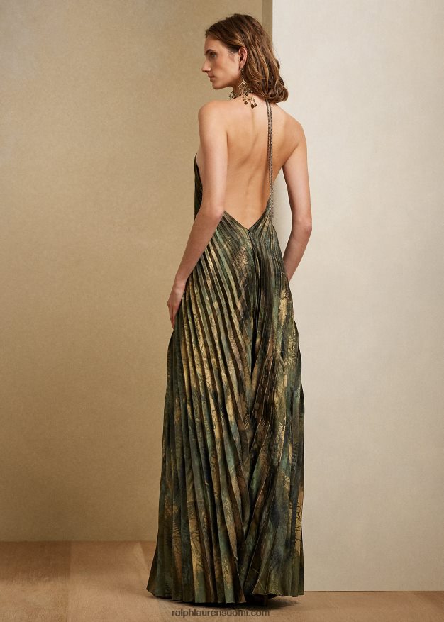 Ralph Lauren naiset kellen laskostettu satiininen iltapuku 0Z24ZR9308 oliivi