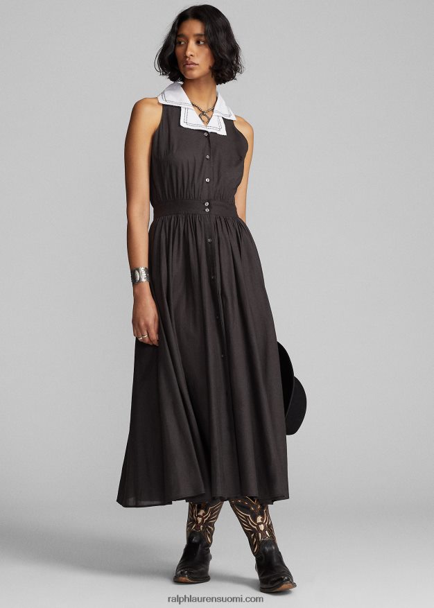 Ralph Lauren naiset kontrastikaulus puuvillainen voile-mekko 0Z24ZR3620 musta valkoinen