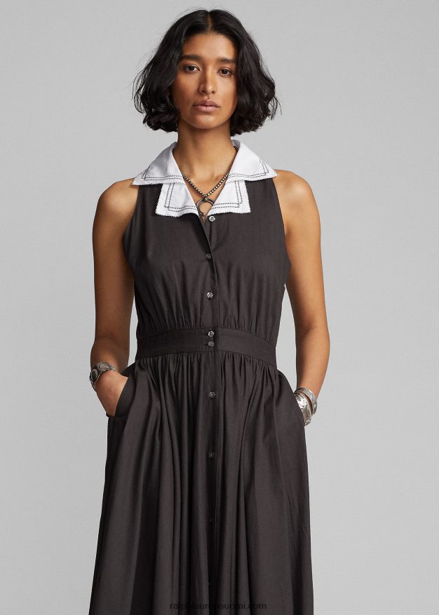 Ralph Lauren naiset kontrastikaulus puuvillainen voile-mekko 0Z24ZR3620 musta valkoinen