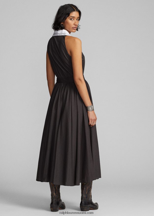 Ralph Lauren naiset kontrastikaulus puuvillainen voile-mekko 0Z24ZR3620 musta valkoinen