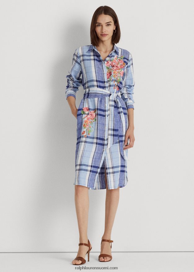 Ralph Lauren naiset kukka- ja ruudullinen pellavapaitamekko 0Z24ZR4034 sinivalkoinen
