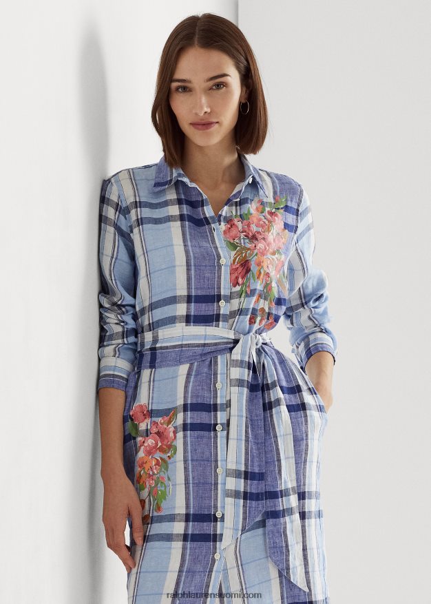 Ralph Lauren naiset kukka- ja ruudullinen pellavapaitamekko 0Z24ZR4455 sinivalkoinen