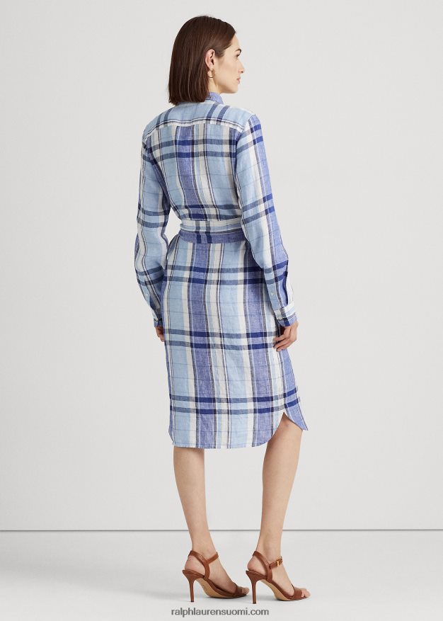 Ralph Lauren naiset kukka- ja ruudullinen pellavapaitamekko 0Z24ZR4455 sinivalkoinen